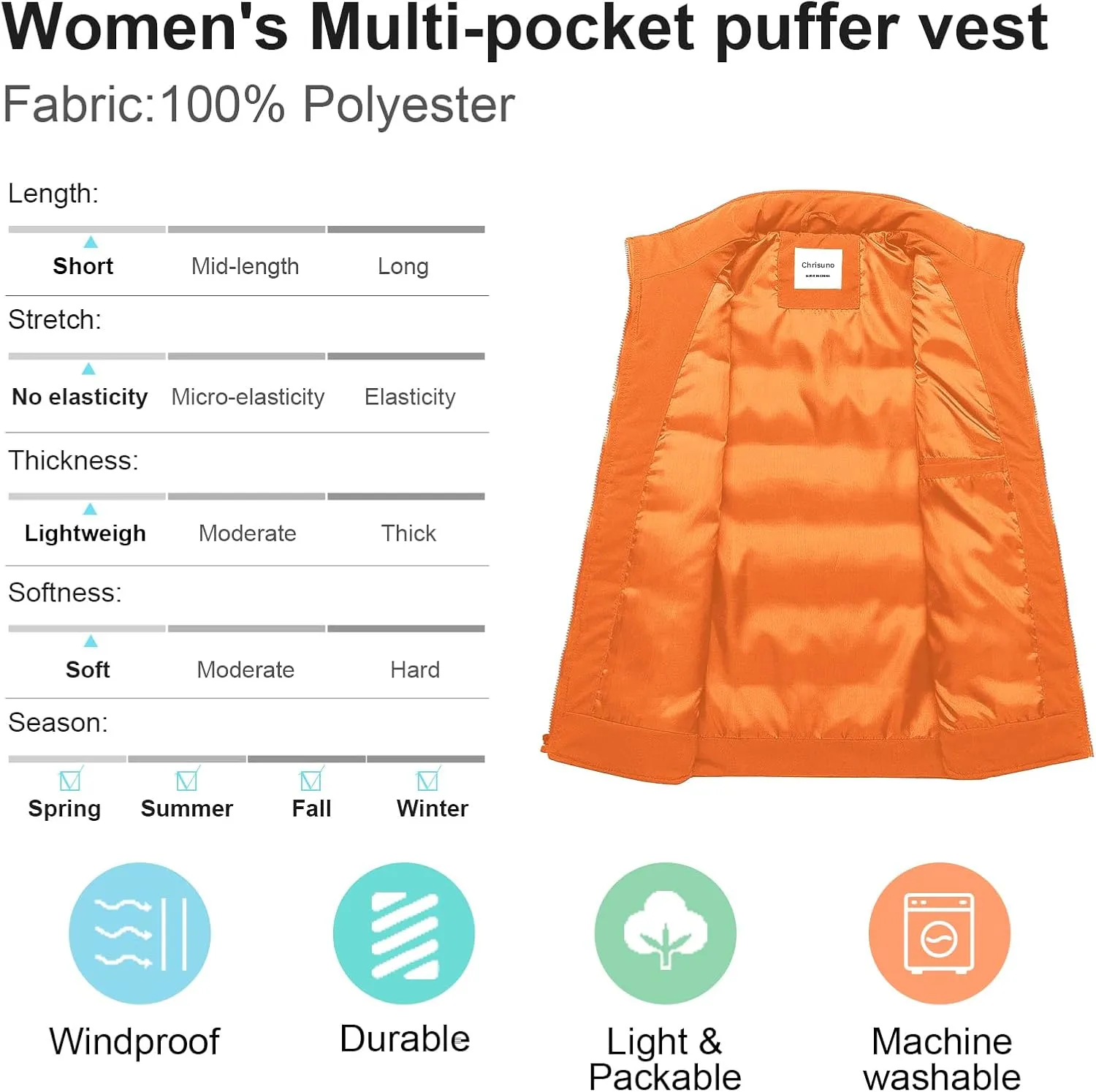 Chrisuno Women's Puffer Vest Casual Stand Collar Quilted Waistcoat Outdoor Padded Ski Vest