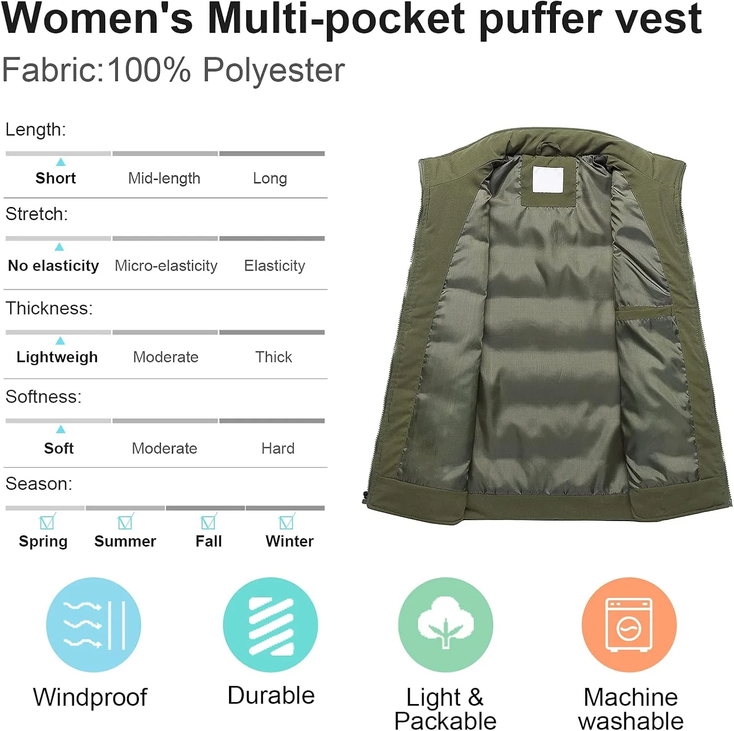 Chrisuno Women's Puffer Vest Casual Stand Collar Quilted Waistcoat Outdoor Padded Ski Vest