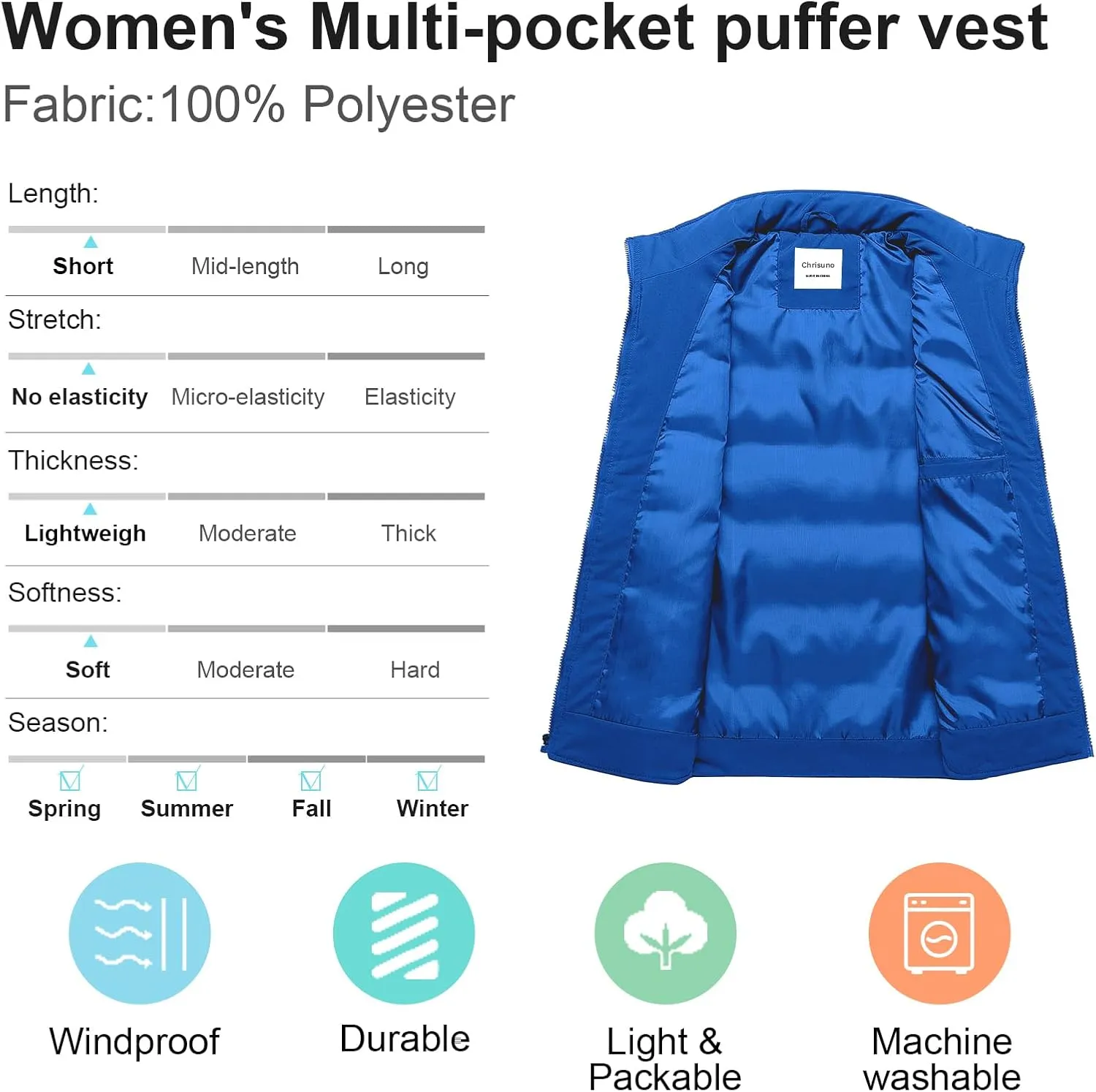 Chrisuno Women's Puffer Vest Casual Stand Collar Quilted Waistcoat Outdoor Padded Ski Vest