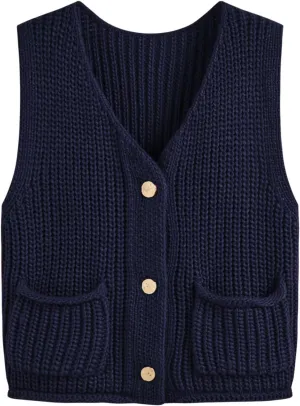 CIDER Sweater Vest Women V Neck Sleeveless Button Down Cropped Sweater Knit Solid Casual Vest with Pockets