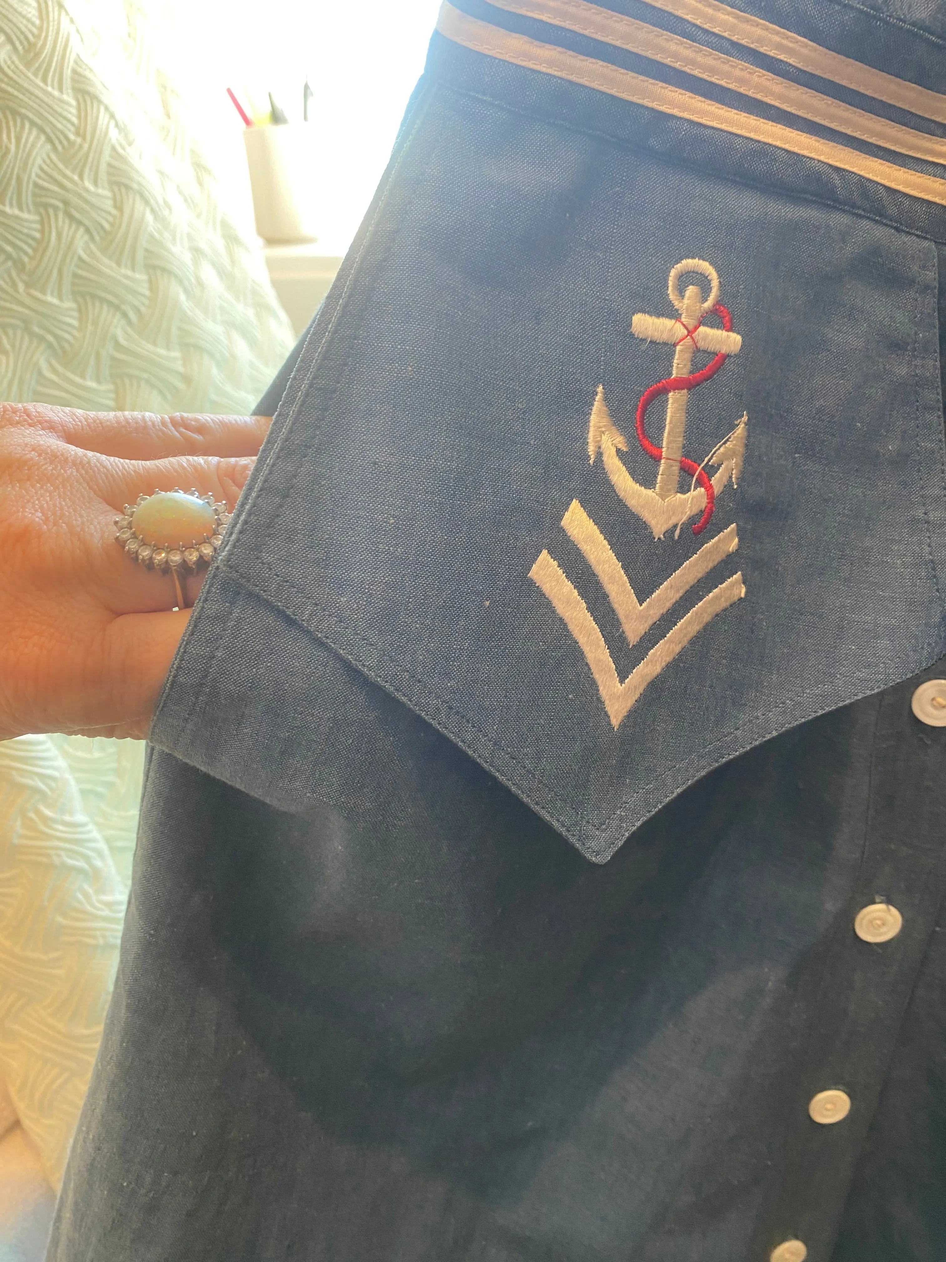 Classic 1950's Tom Boy Sailors Blues Nautical Theme Cotton Day Dress / Small