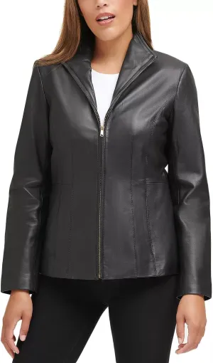 Cole Haan Women's Leather Wing Collared Jacket (Standard and Plus Size)