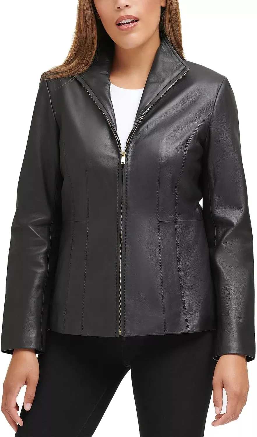 Cole Haan Women's Leather Wing Collared Jacket (Standard and Plus Size)