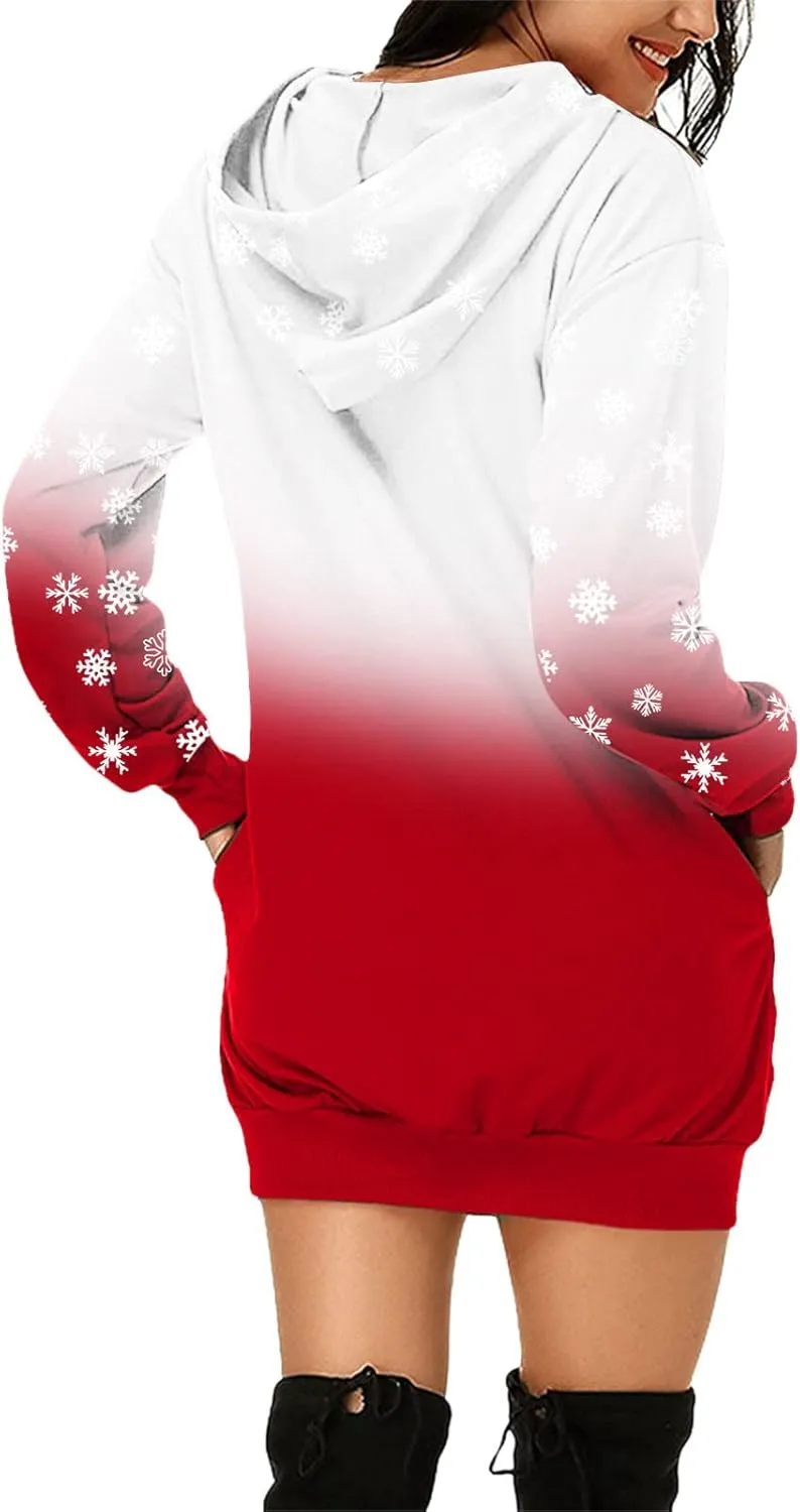 Comfortable Hoodies Dress for Women Christmas Print Long Sleeve Gradient Color Casual Loose Sweatshirt Dress with Pocket