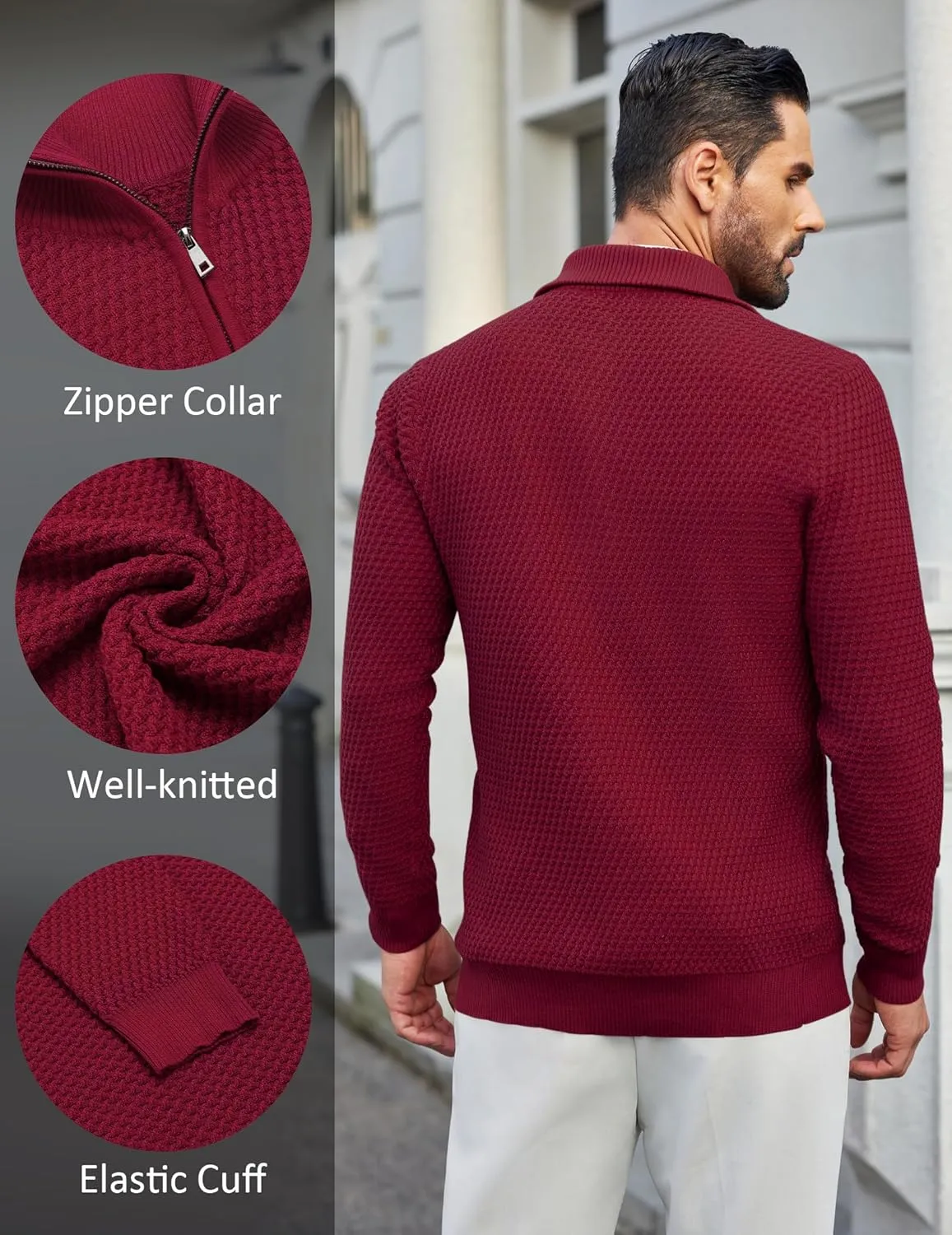 COOFANDY Mens Quarter Zip Pullover Sweater Slim Fit Waffle Mock Turtleneck Polo Sweater Casual Long Sleeve Sweatshirt