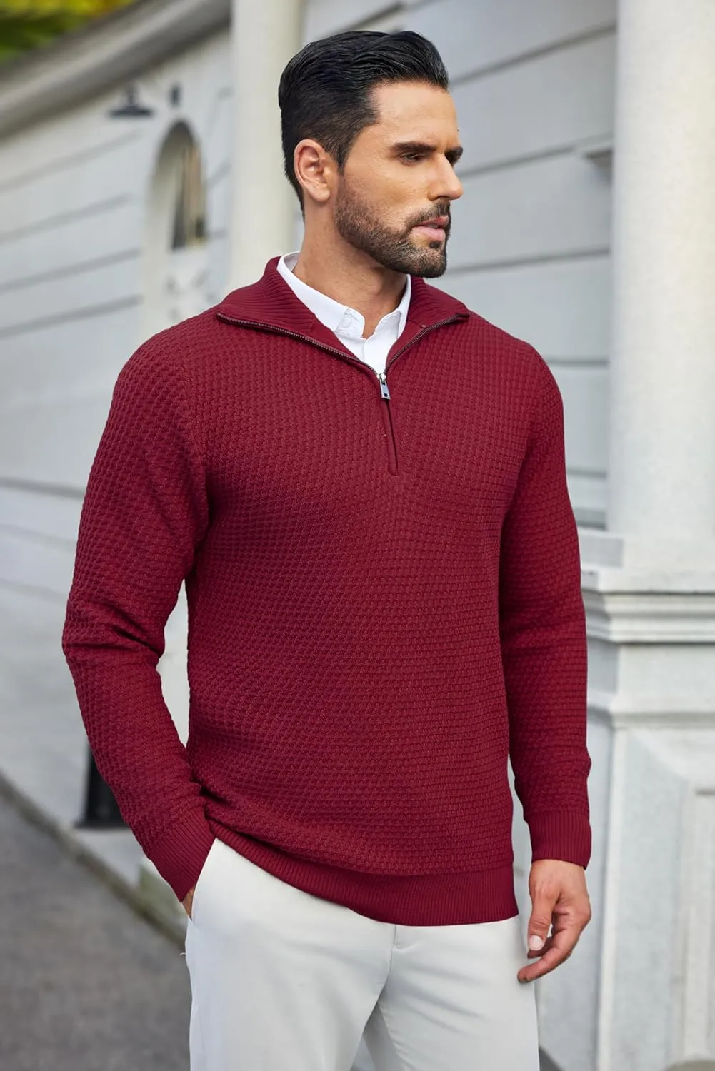 COOFANDY Mens Quarter Zip Pullover Sweater Slim Fit Waffle Mock Turtleneck Polo Sweater Casual Long Sleeve Sweatshirt