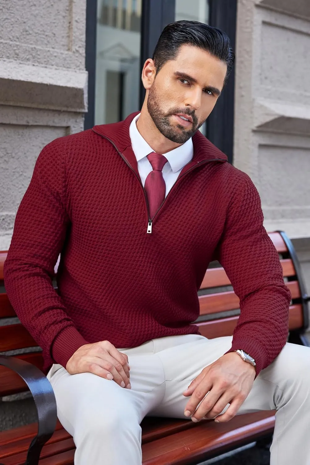 COOFANDY Mens Quarter Zip Pullover Sweater Slim Fit Waffle Mock Turtleneck Polo Sweater Casual Long Sleeve Sweatshirt