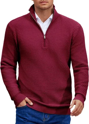 COOFANDY Mens Quarter Zip Pullover Sweater Slim Fit Waffle Mock Turtleneck Polo Sweater Casual Long Sleeve Sweatshirt