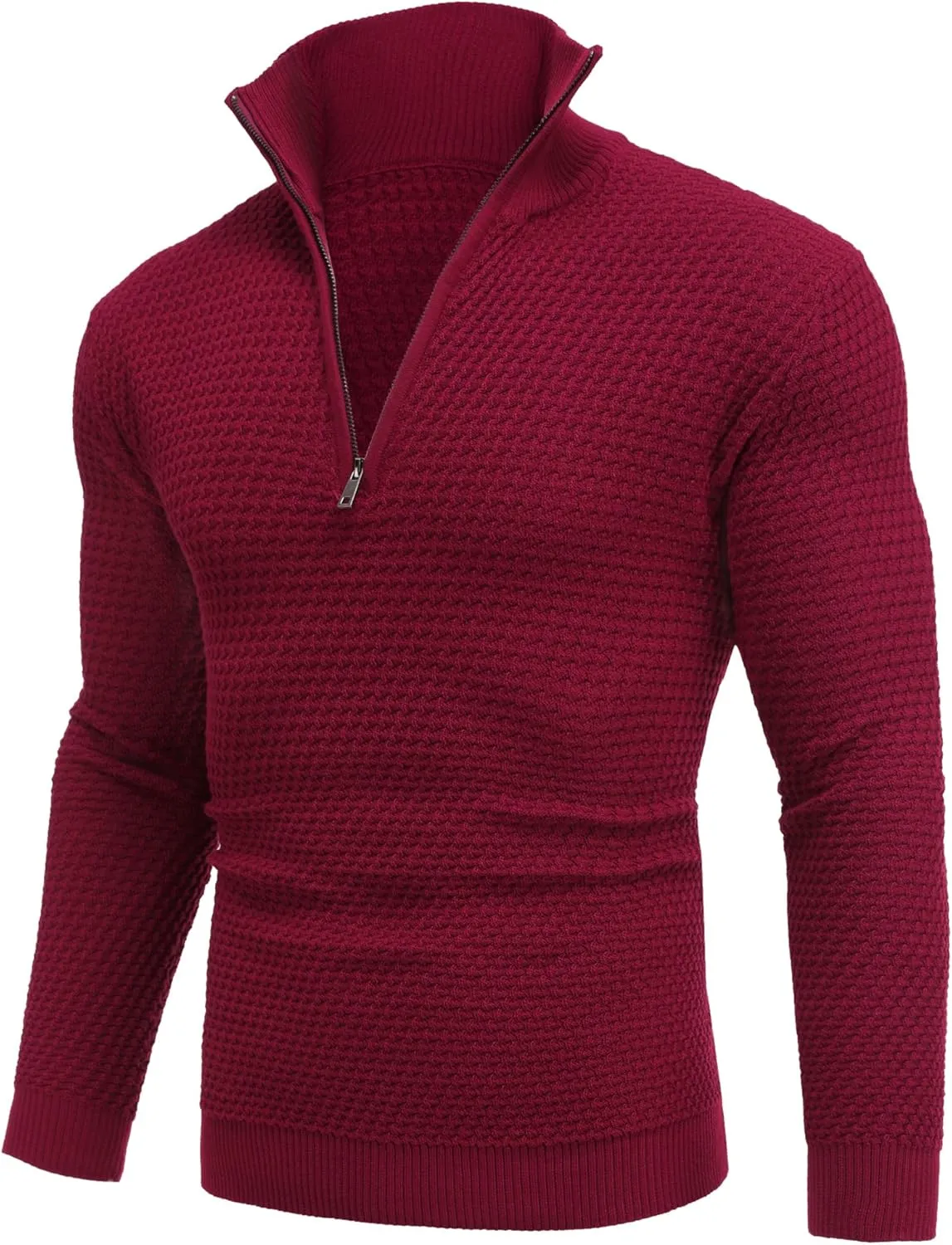 COOFANDY Mens Quarter Zip Pullover Sweater Slim Fit Waffle Mock Turtleneck Polo Sweater Casual Long Sleeve Sweatshirt