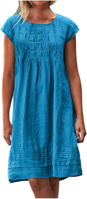 Cotton Linen Dress Women Pleated Summer Plus Size Dresses Casual Mini Dress Short Sleeve Beach Vacation Sundress