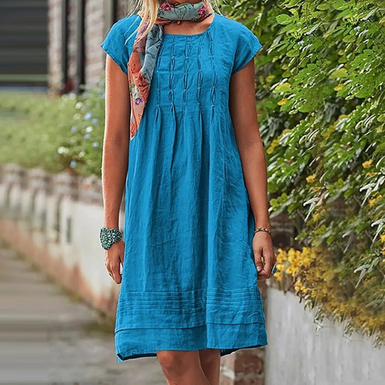 Cotton Linen Dress Women Pleated Summer Plus Size Dresses Casual Mini Dress Short Sleeve Beach Vacation Sundress