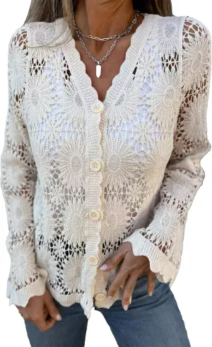 Crochet Sweaters for Women Floral Lace Long Sweater Women's Button V-Neck Bell Sleeve Sweater Boho Cardigan