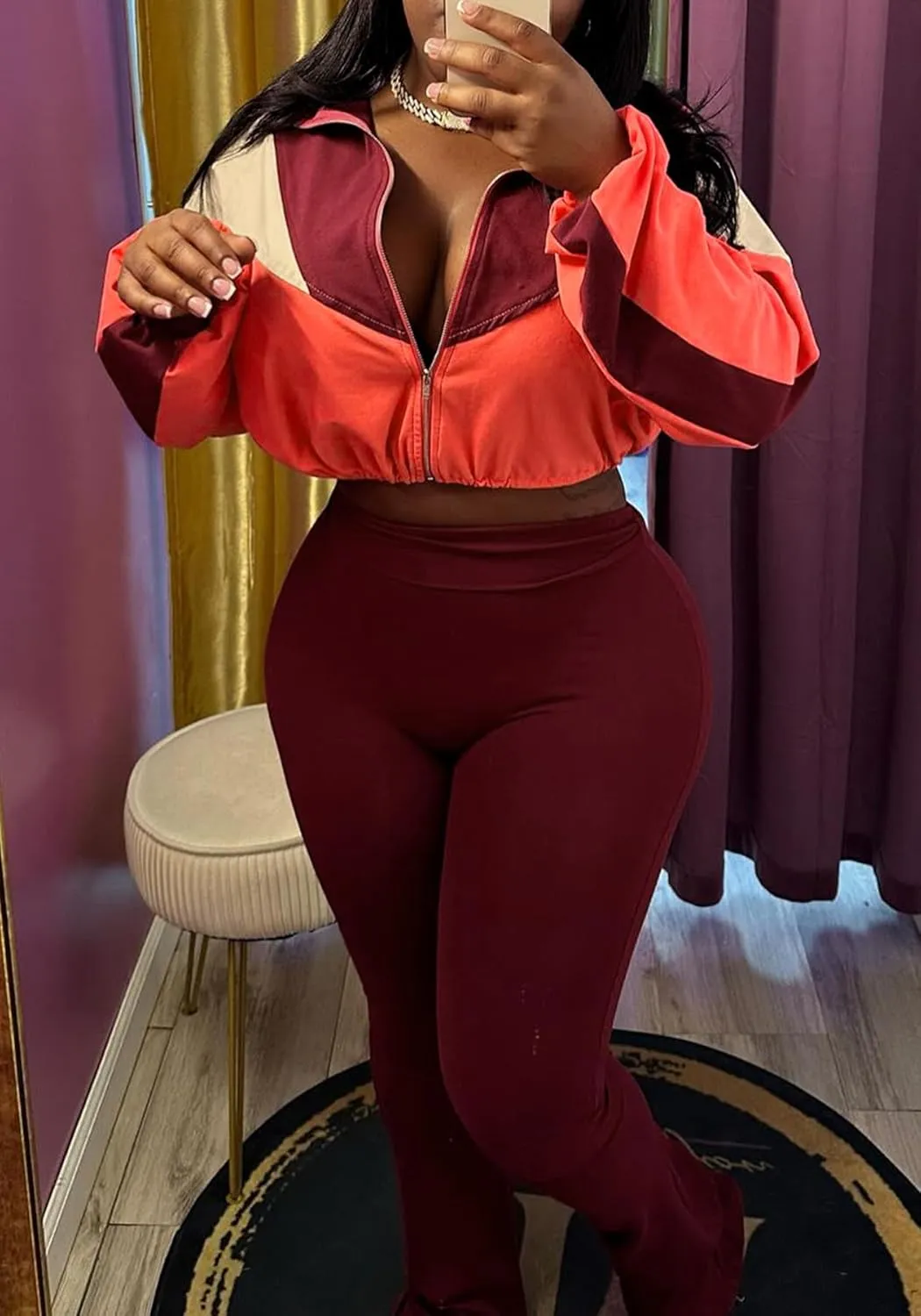 DINGANG Women's 2 Piece Sweatsuit Outfits Color Block Zip Up Cropped Jackets Flare Legging Pant Tracksuit Set