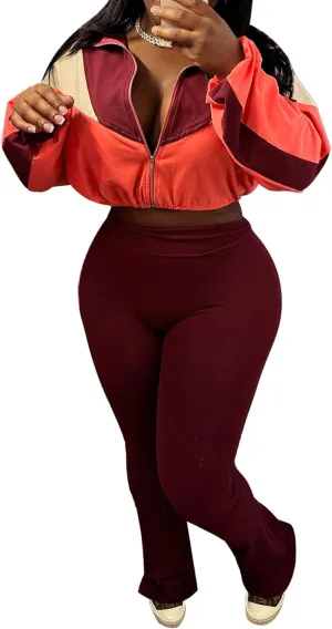 DINGANG Women's 2 Piece Sweatsuit Outfits Color Block Zip Up Cropped Jackets Flare Legging Pant Tracksuit Set