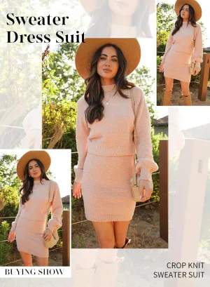 Dokotoo Women's 2 Piece Outfits Sweater Set Puff Long Sleeve Knit Cropped Top and Bodycon Skirt Dress