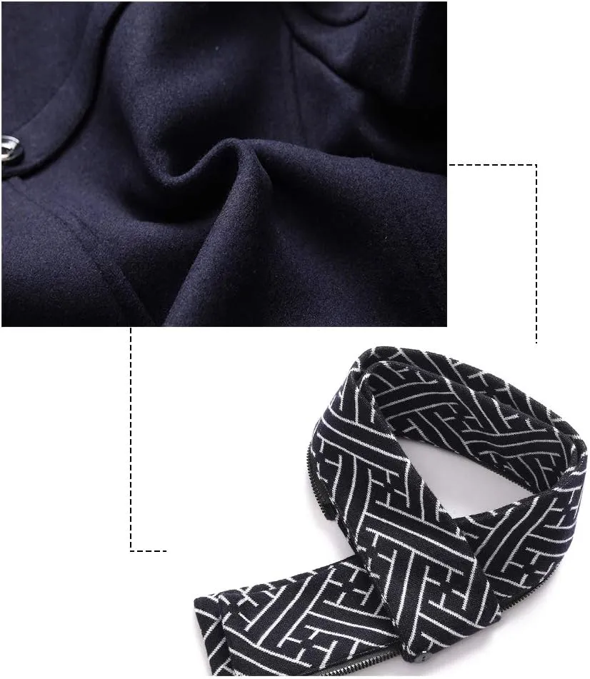 DOSLAVIDA Men's Slim Fit Woolen Pea Coat Single Breasted Winter Warm Long Trench Jackets With Removable Soft Scarf