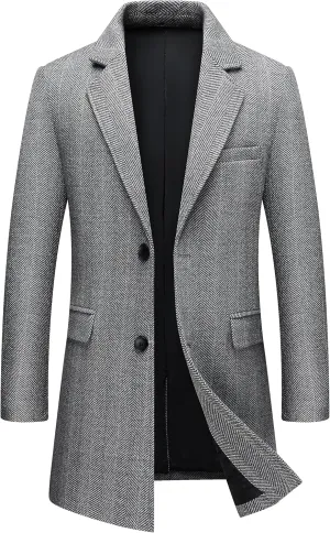 DOSLAVIDA Men's Slim Fit Woolen Pea Coat Single Breasted Winter Warm Long Trench Jackets With Removable Soft Scarf