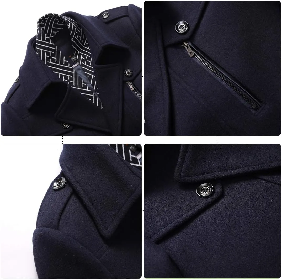 DOSLAVIDA Men's Slim Fit Woolen Pea Coat Single Breasted Winter Warm Long Trench Jackets With Removable Soft Scarf
