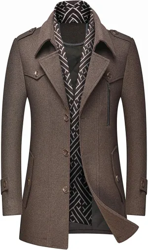 DOSLAVIDA Men's Slim Fit Woolen Pea Coat Single Breasted Winter Warm Long Trench Jackets With Removable Soft Scarf