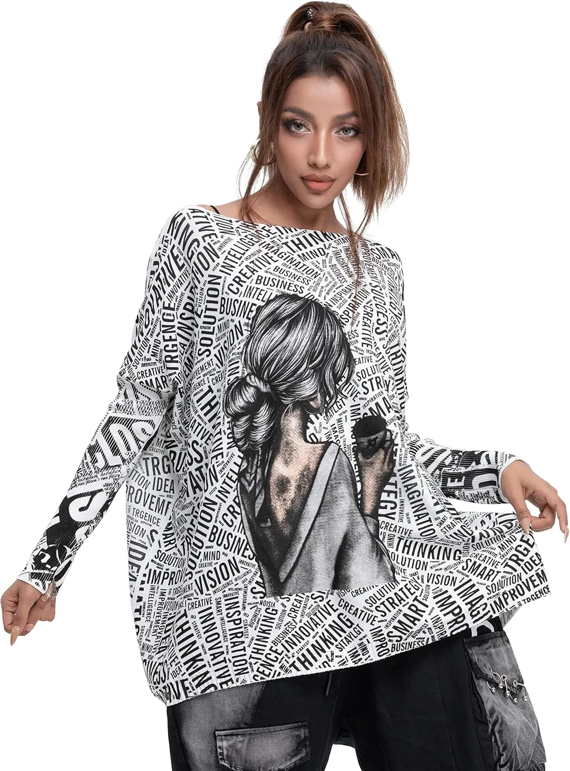 ellazhu Women's Off-Shoulder Long-Sleeved Cute Newspaper Printed Pullover Oversized Sweater Shirt GY2754
