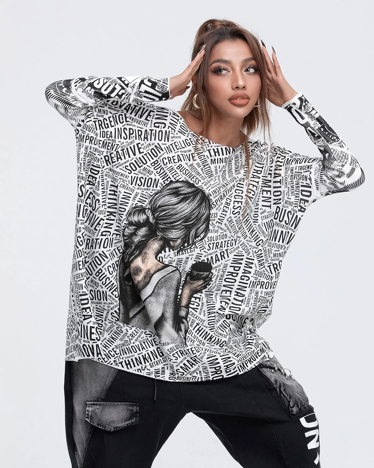 ellazhu Women's Off-Shoulder Long-Sleeved Cute Newspaper Printed Pullover Oversized Sweater Shirt GY2754