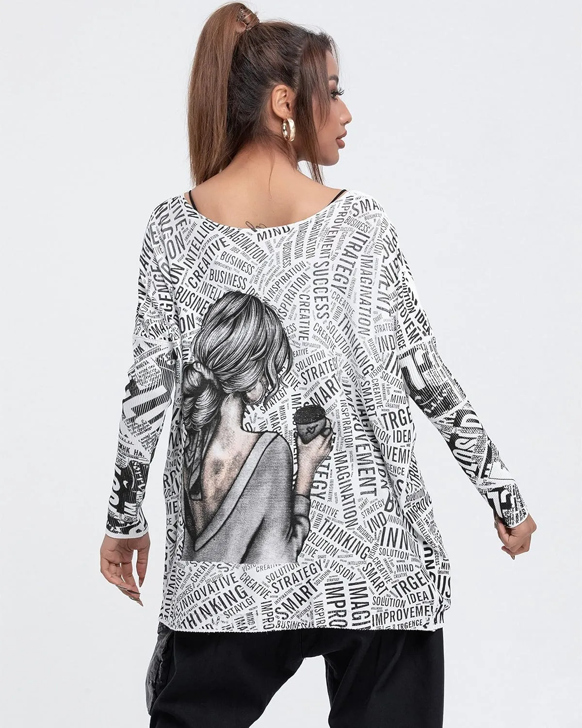 ellazhu Women's Off-Shoulder Long-Sleeved Cute Newspaper Printed Pullover Oversized Sweater Shirt GY2754