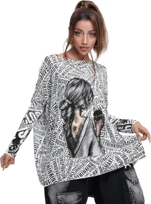 ellazhu Women's Off-Shoulder Long-Sleeved Cute Newspaper Printed Pullover Oversized Sweater Shirt GY2754