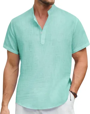 Enlision Mens Cotton Linen Henley Shirts Casual Short Sleeve Shirt Summer Beach Hippie Tshirt Band Collar Shirt for Men