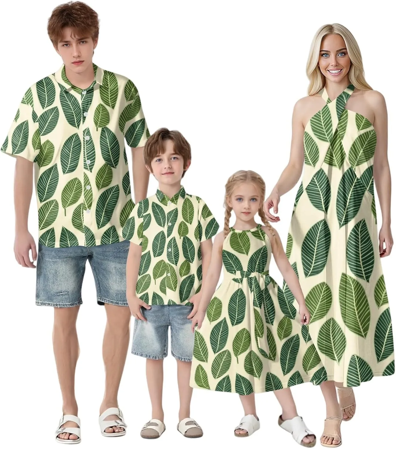 Family Matching Hawaiian Outfits, Dad and Son Beach Vacation Polo Button Down Shirts Mommy Daughter Dress