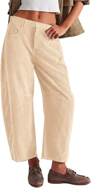 Faretumiya Women Corduroy Pants Mid Elastic Waist Baggy Jeans Wide Leg Boyfriend Cord Pants Pocketed Harem Cord Trousers