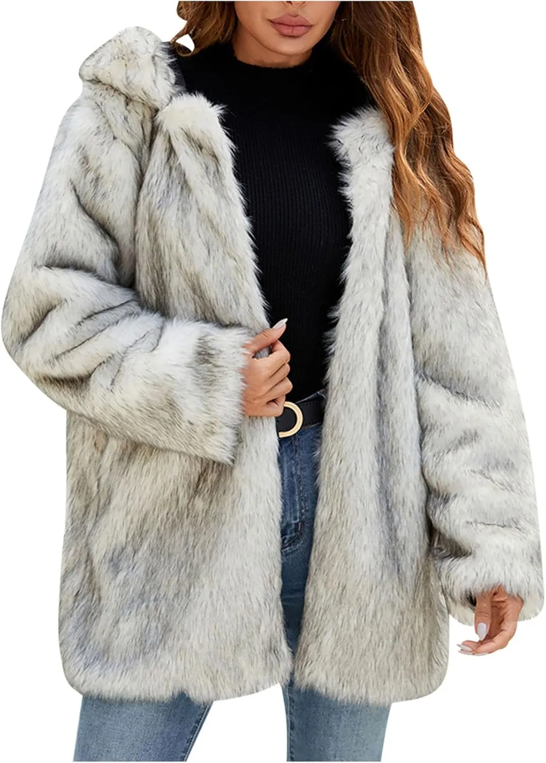 Faux Fur Jacket Women Cute Cat Ear Hoodie Fuzzy Fleece Jacket Hooded Open Front Cardigan Mid Length Winter Coats