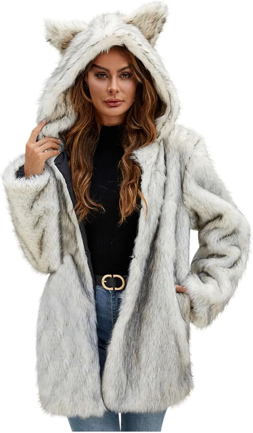 Faux Fur Jacket Women Cute Cat Ear Hoodie Fuzzy Fleece Jacket Hooded Open Front Cardigan Mid Length Winter Coats