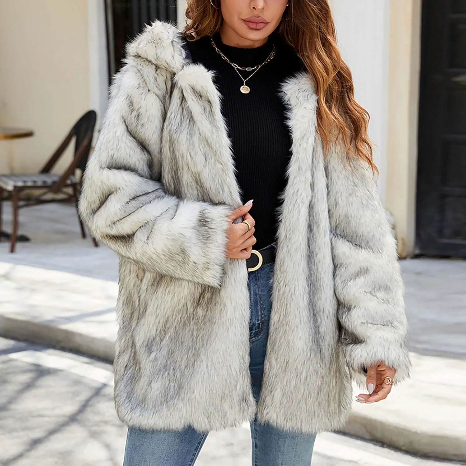 Faux Fur Jacket Women Cute Cat Ear Hoodie Fuzzy Fleece Jacket Hooded Open Front Cardigan Mid Length Winter Coats