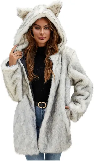 Faux Fur Jacket Women Cute Cat Ear Hoodie Fuzzy Fleece Jacket Hooded Open Front Cardigan Mid Length Winter Coats
