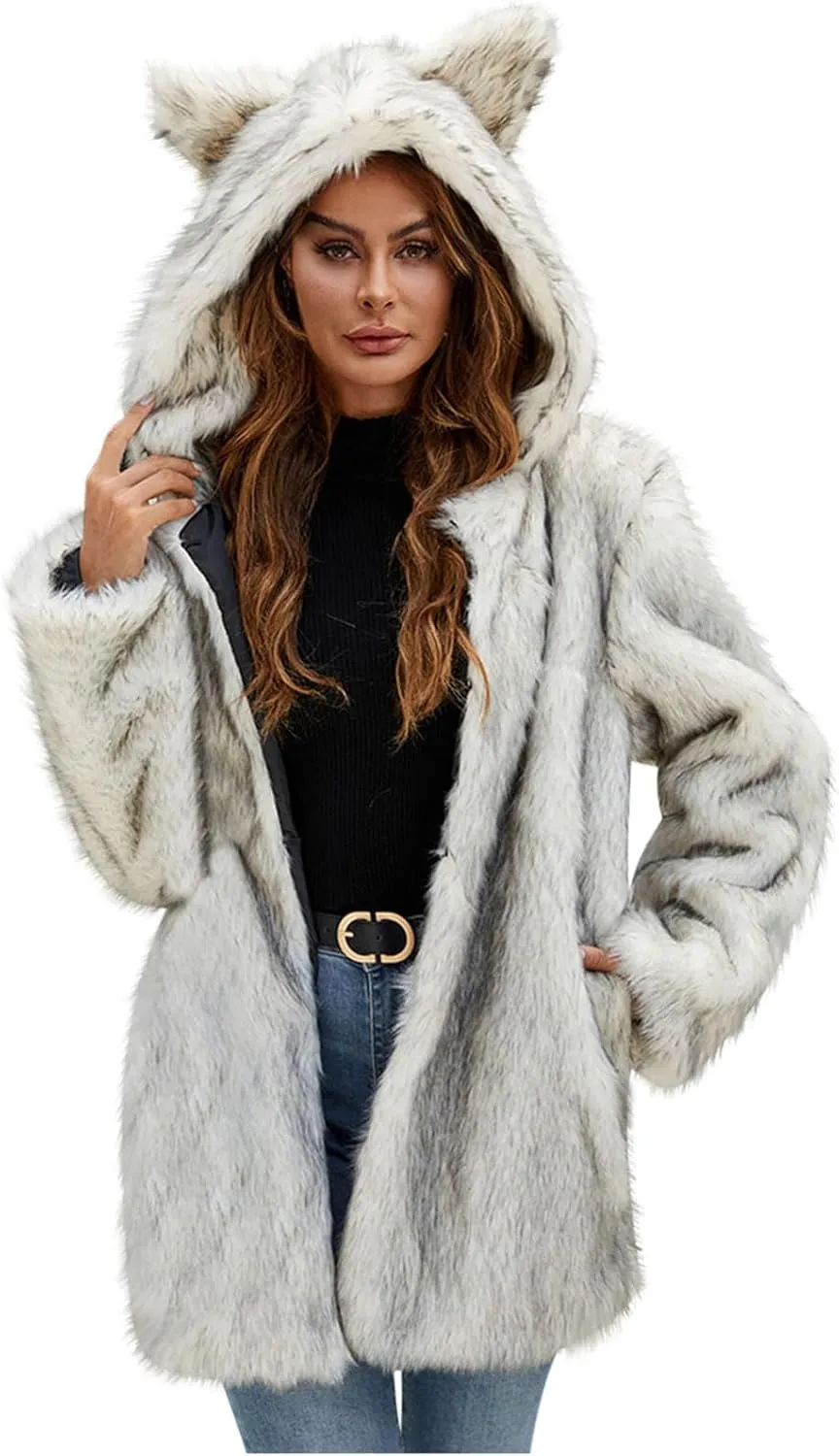 Faux Fur Jacket Women Cute Cat Ear Hoodie Fuzzy Fleece Jacket Hooded Open Front Cardigan Mid Length Winter Coats