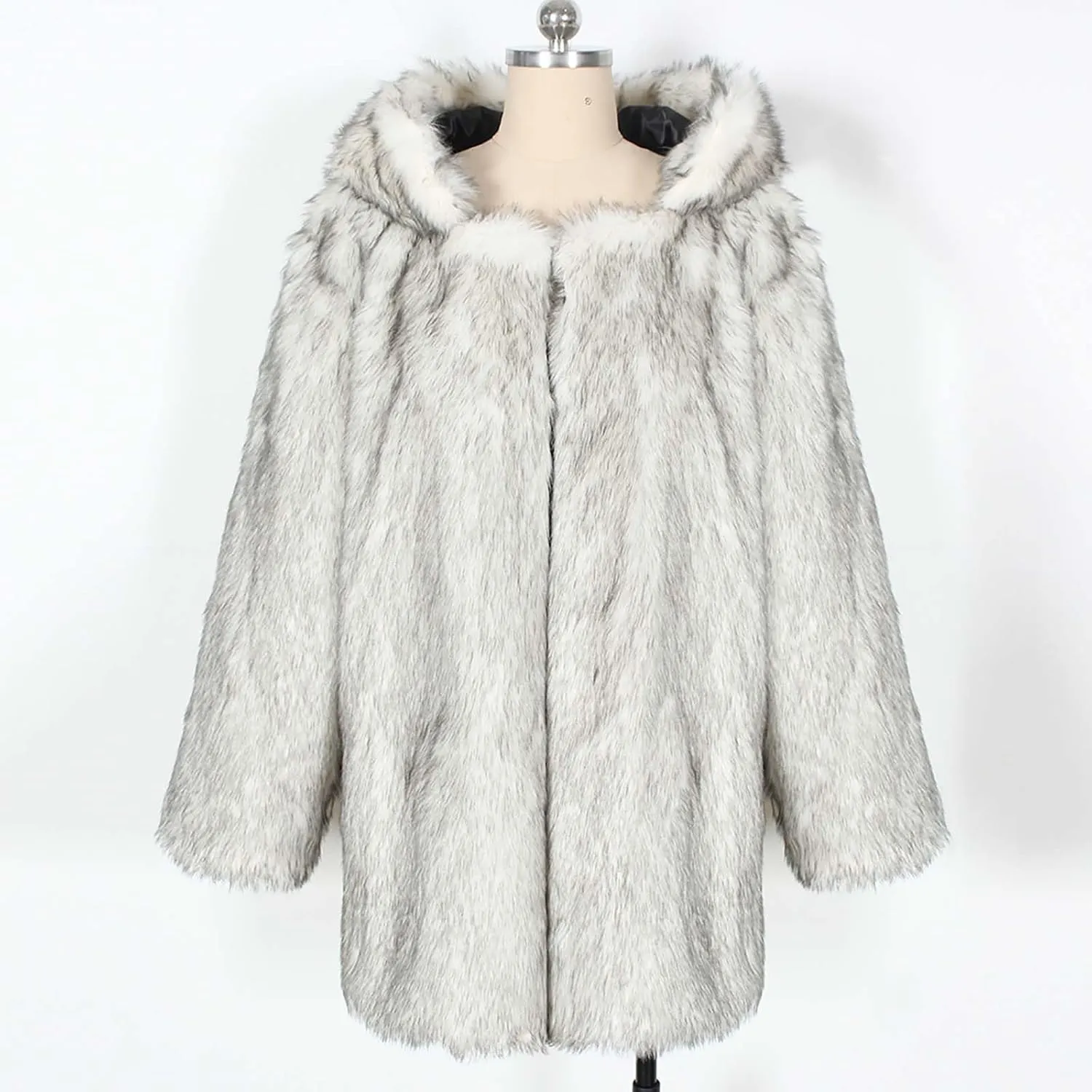 Faux Fur Jacket Women Cute Cat Ear Hoodie Fuzzy Fleece Jacket Hooded Open Front Cardigan Mid Length Winter Coats