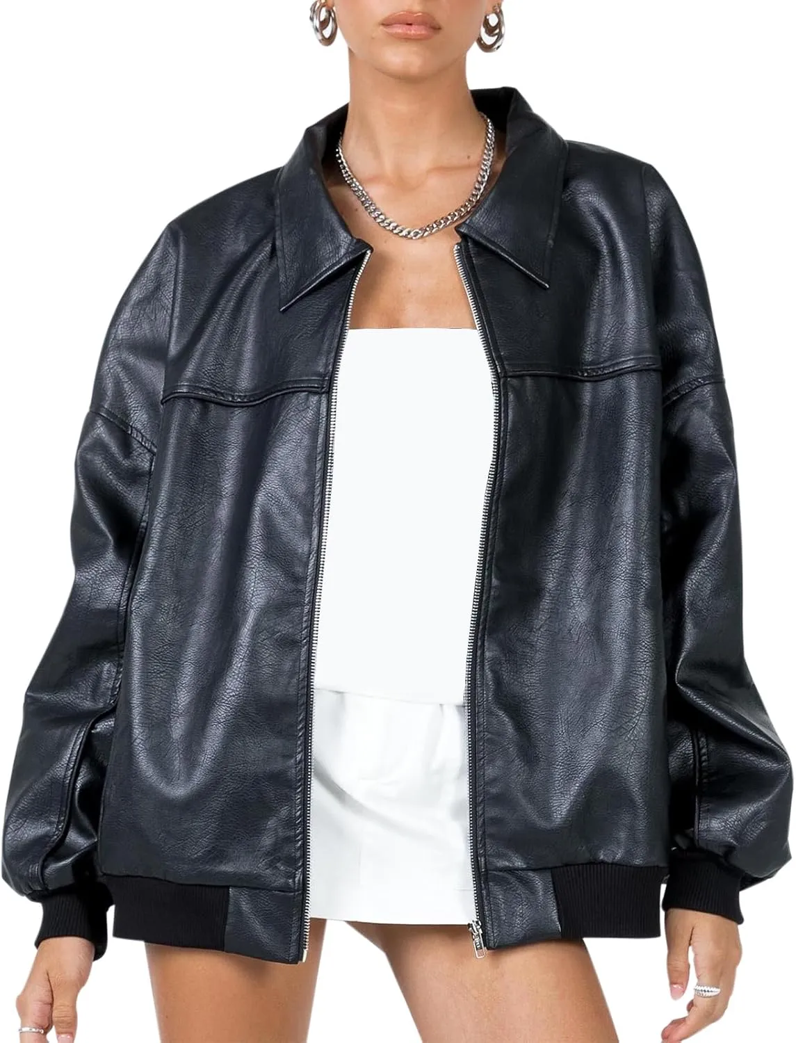 FEORJGP Womens PU Leather Biker Jacket Coat Windbreaker Faux Fur Jacket Outerwear Coat Motorcycle Jacket Y2K 90s Streetwear