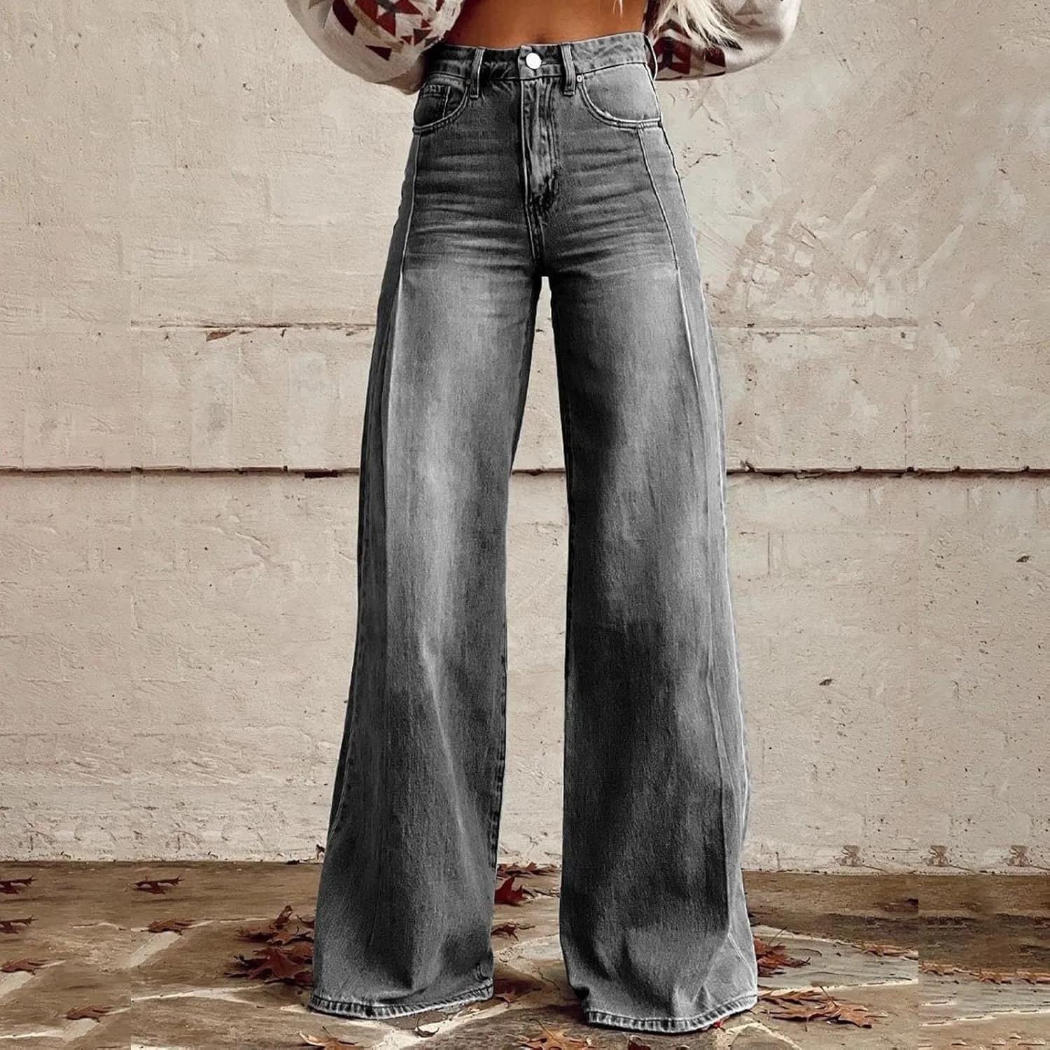 Flare Jeans for Women Wide Leg Jeans Woman Vintage Floral Print High Waisted Straight Stretch Pants with Pockets