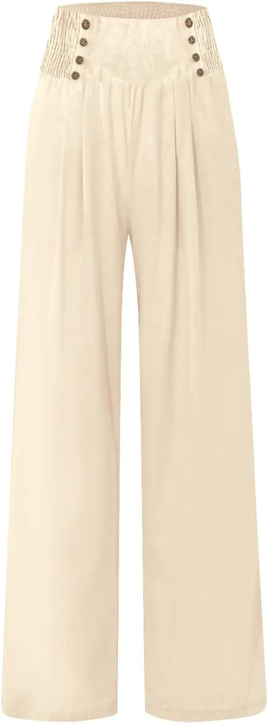 FlekmanArt Linen Wide Leg Pants Women Comfy Flowy High Waisted Beach Palazzo Pants with Pockets 2024