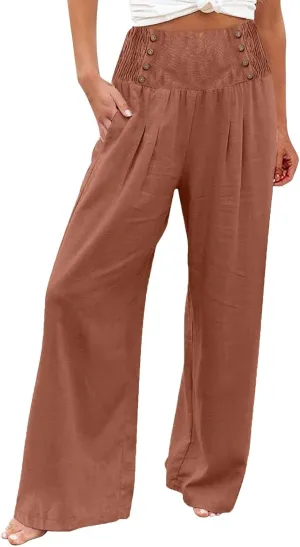 FlekmanArt Linen Wide Leg Pants Women Comfy Flowy High Waisted Beach Palazzo Pants with Pockets 2024