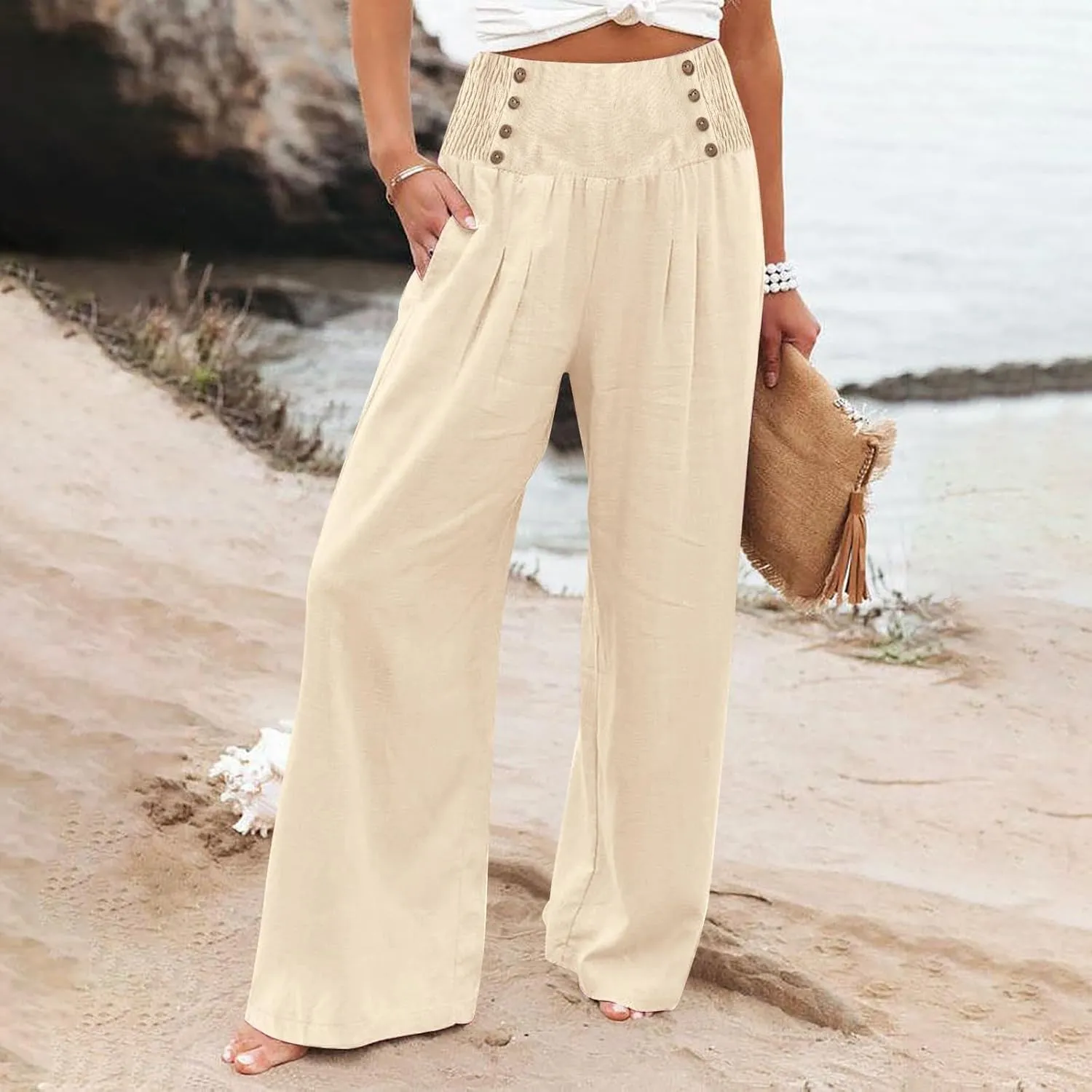 FlekmanArt Linen Wide Leg Pants Women Comfy Flowy High Waisted Beach Palazzo Pants with Pockets 2024