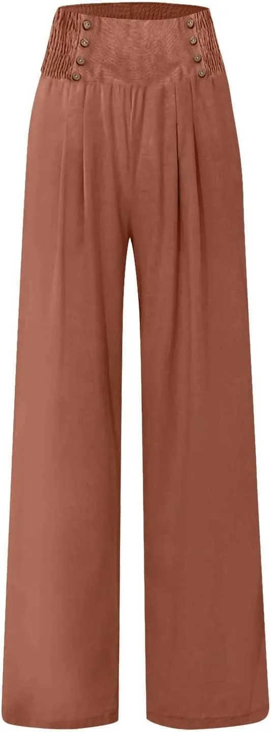 FlekmanArt Linen Wide Leg Pants Women Comfy Flowy High Waisted Beach Palazzo Pants with Pockets 2024
