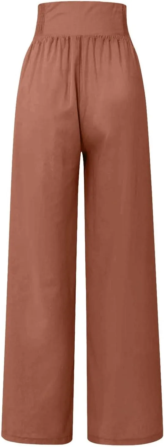 FlekmanArt Linen Wide Leg Pants Women Comfy Flowy High Waisted Beach Palazzo Pants with Pockets 2024