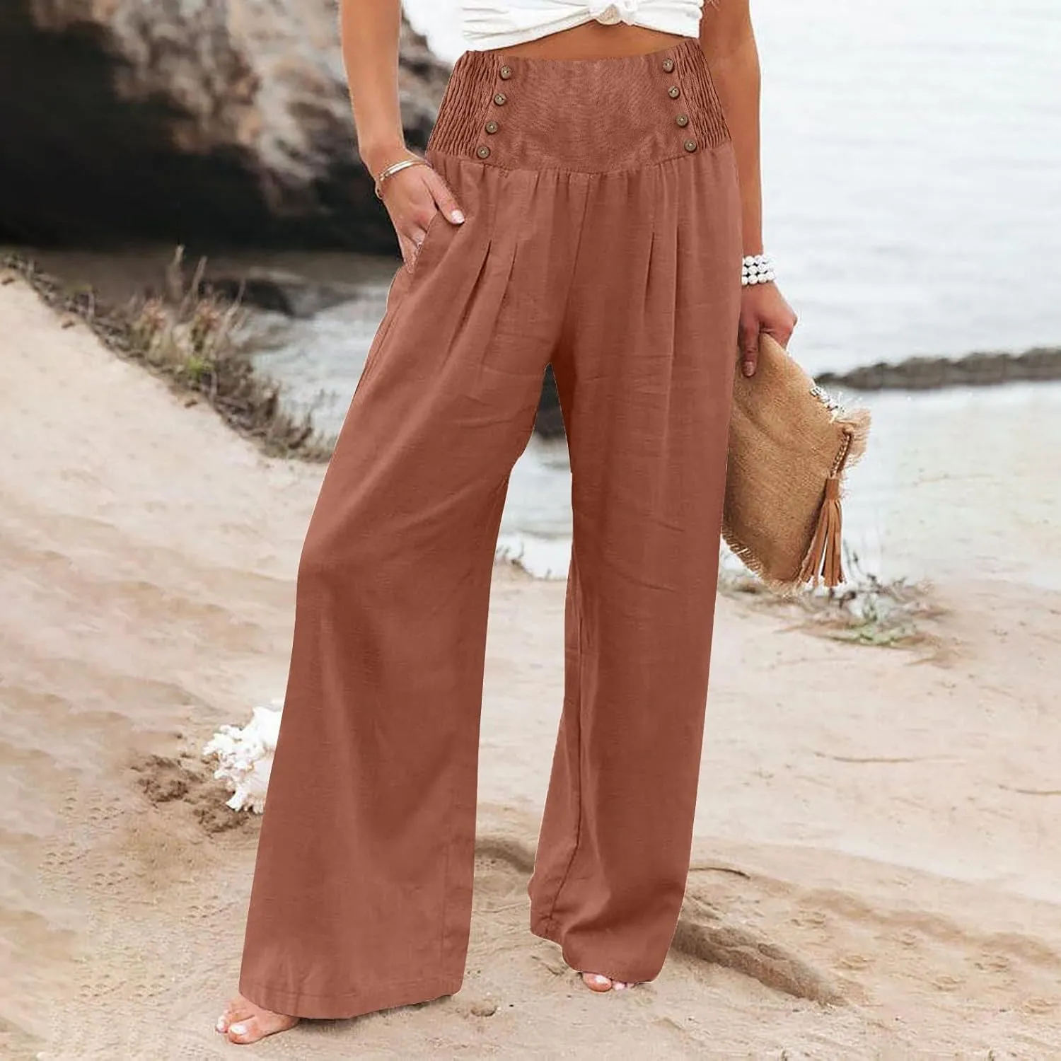 FlekmanArt Linen Wide Leg Pants Women Comfy Flowy High Waisted Beach Palazzo Pants with Pockets 2024