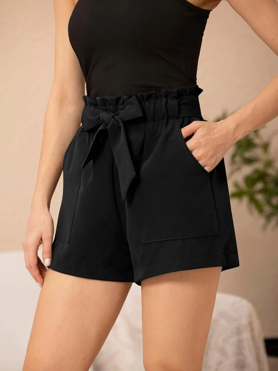 Floerns Women's Elastic Waist Shorts Summer Striped High Waisted Bow Tie Belted Shorts with Pockets