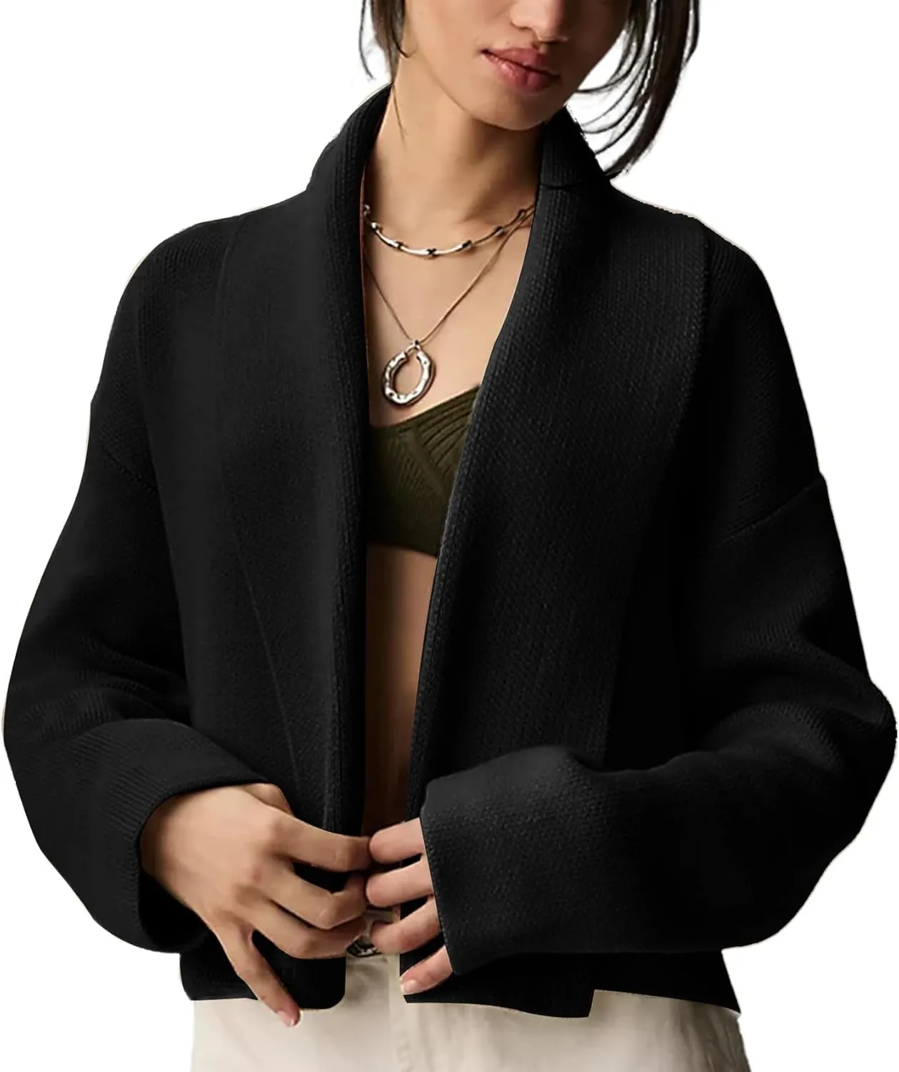 Flygo Women's Cropped Cardigan Sweater Oversized Shawl Lapel 2024 Fall Fashion Open Front Sweater Jacket Knit Outwear
