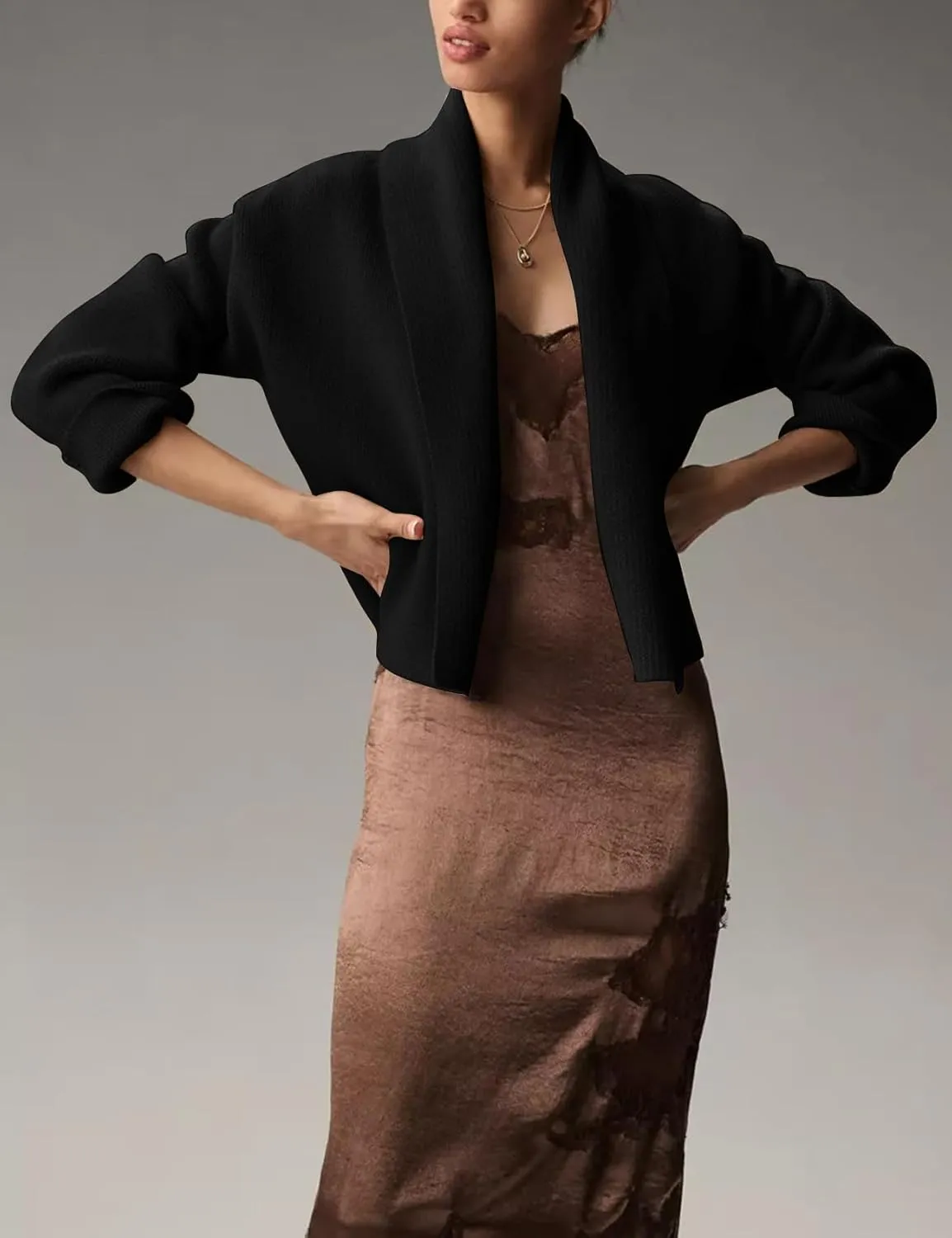 Flygo Women's Cropped Cardigan Sweater Oversized Shawl Lapel 2024 Fall Fashion Open Front Sweater Jacket Knit Outwear