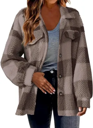 Fuzzy Fleece Jackets For Women Casual Fashion 2023 Plaid Button Down Shacket Warm Winter Sherpa Coats Outwear