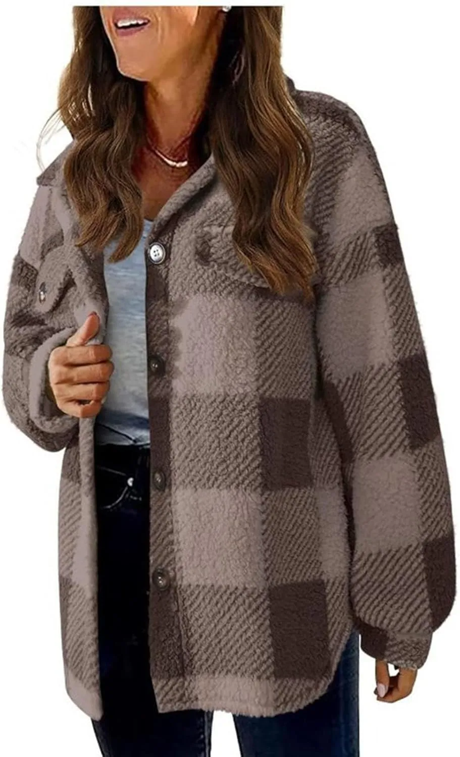 Fuzzy Fleece Jackets For Women Casual Fashion 2023 Plaid Button Down Shacket Warm Winter Sherpa Coats Outwear