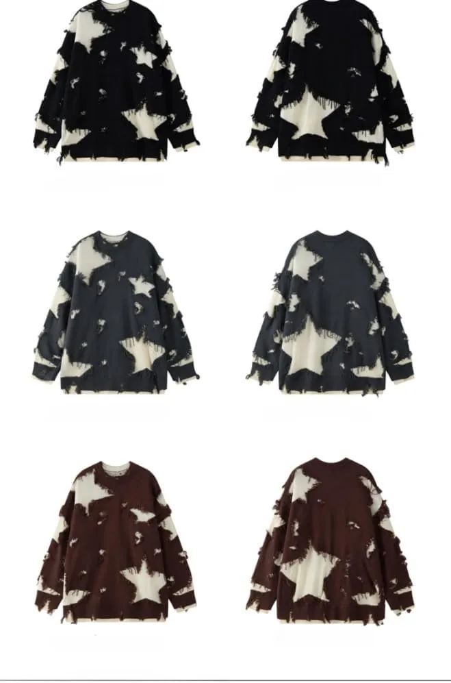 Gothic Sweater Emo Sweater Y2k Star Womens Men Punk Loose Oversized Ripped Pullover Knit Sweaters Emo Cloth Gothic Clothes